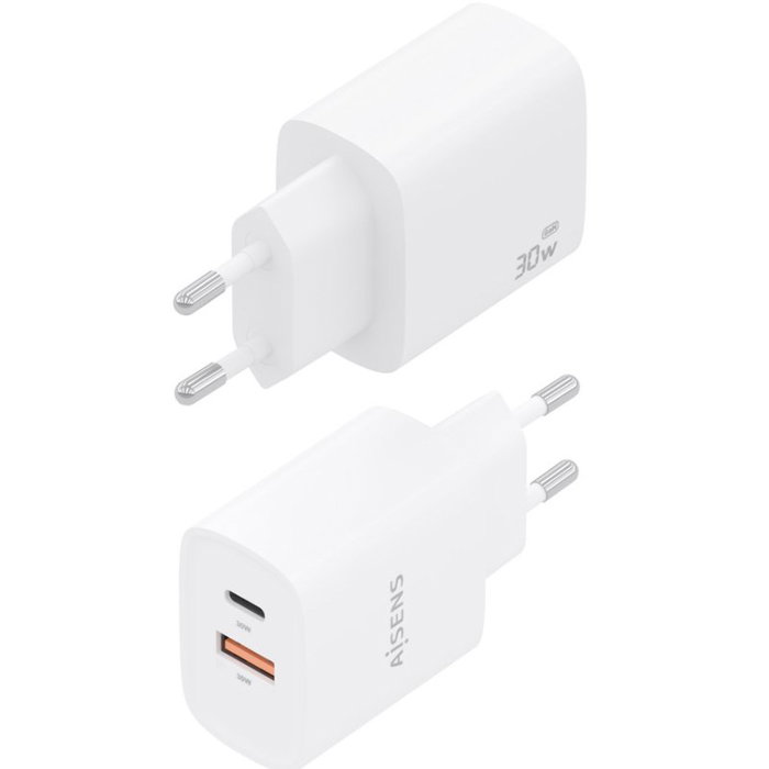 Aisens Cargador GaN 30W con USB-C y USB-A Blanco